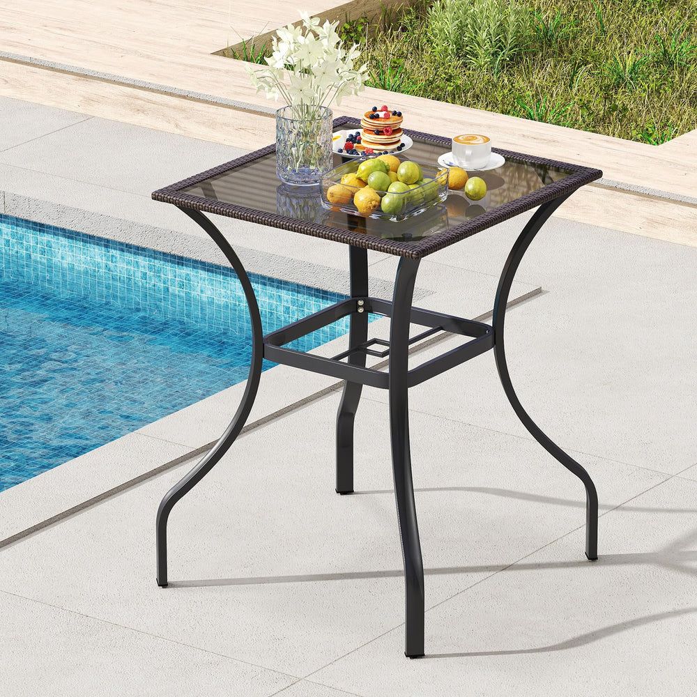 Counter Height Outdoor Bistro Table with Umbrella Hole & Tempered Glass Top
