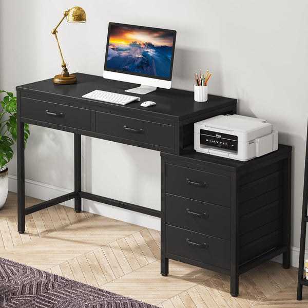 Computer Desk with 5 Drawers and Reversible File Cabinet