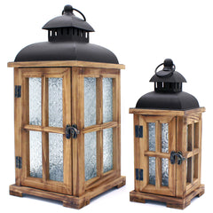 Rustic Wood Candle Lanterns with Black Metal Top – Set of 2