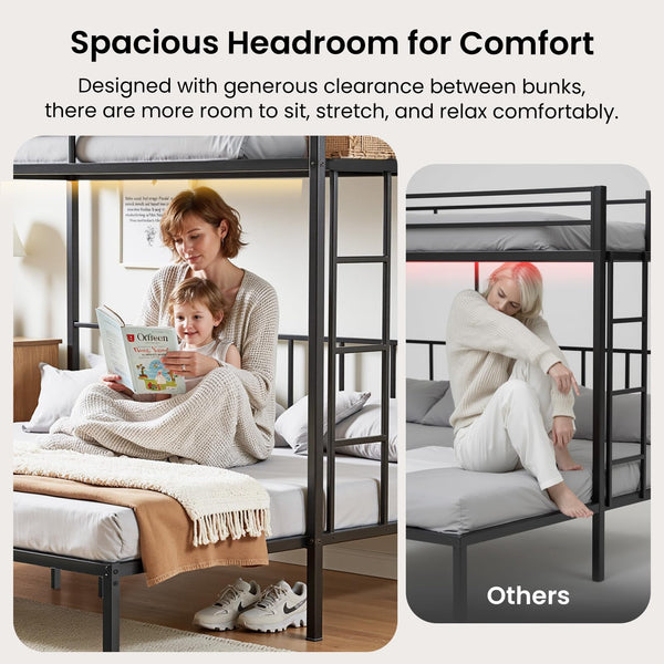 Metal Triple Bunk Bed with Guardrails & Ladder — Twin, Twin XL & Queen Options