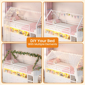 Twin Size Kids Loft Bed with Storage Drawers & LED Lights