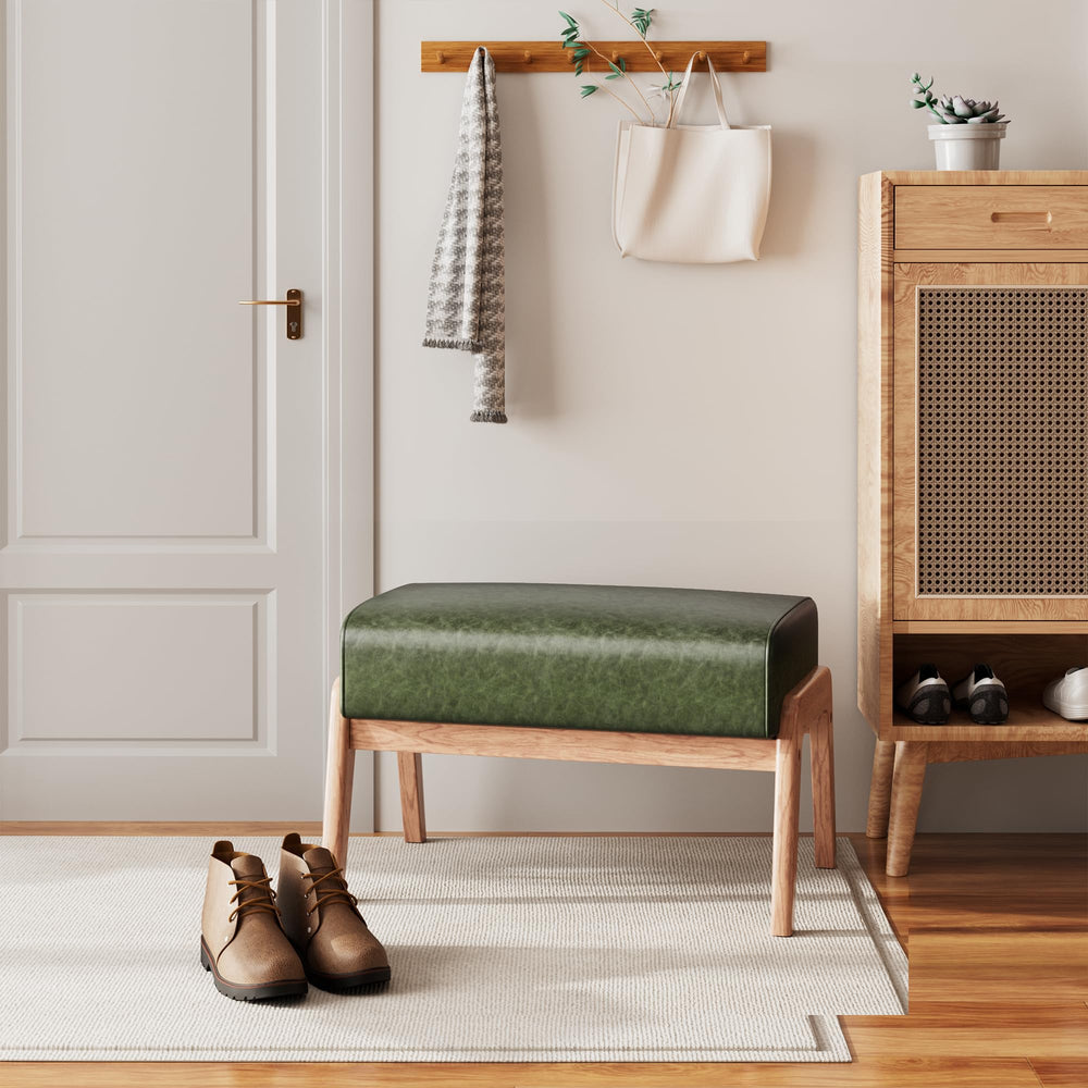 Ottoman Foot Stool with Faux Leather Cushion and Rubberwood Frame