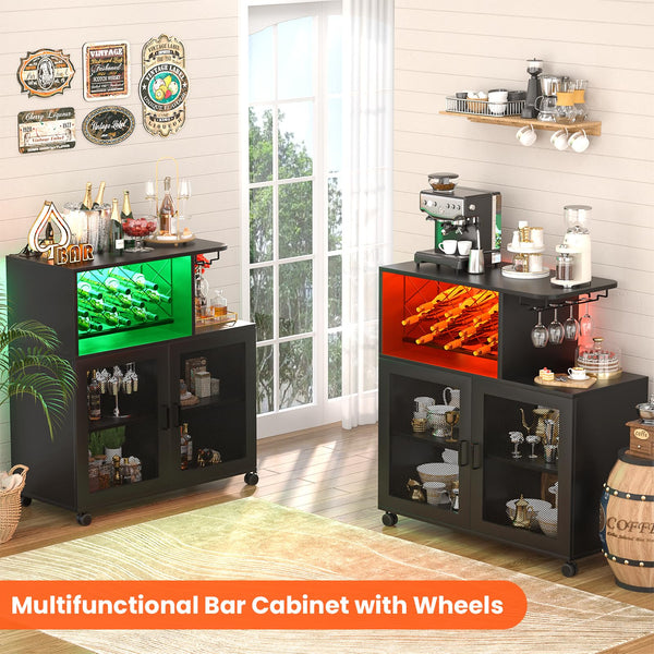 Small Bar Cabinet with LED Light, Power Outlets & Wine Rack