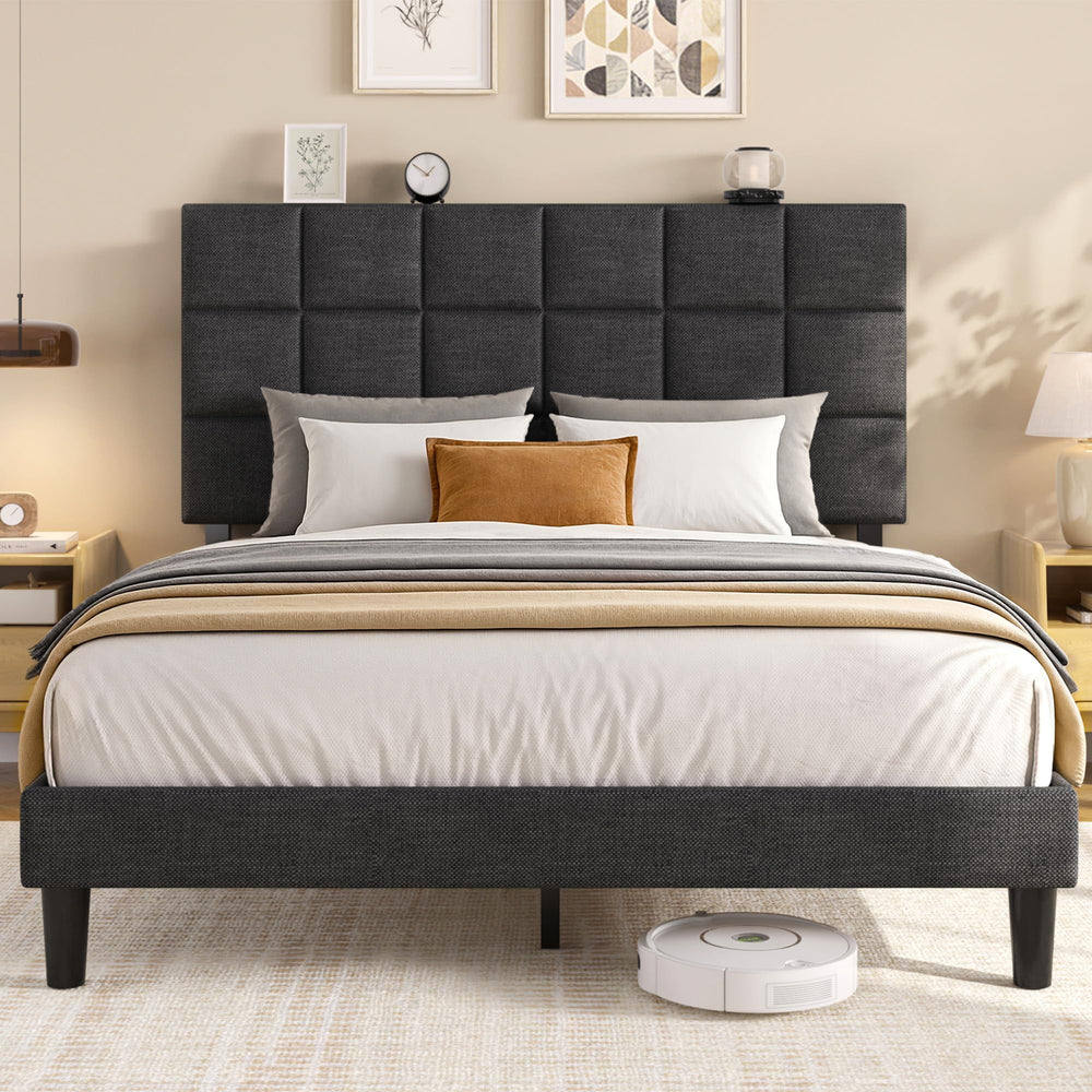 Queen Platform Bed Frame with Adjustable Upholstered Headboard