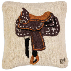 Hand-Hooked Wool Western Saddle Throw Pillow 18x18 – Brown & White