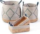 Seagrass Storage Basket Set of 4 – 2 Round & 2 Square Woven Bins with Handles