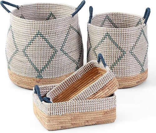 Seagrass Storage Basket Set of 4 – 2 Round & 2 Square Woven Bins with Handles