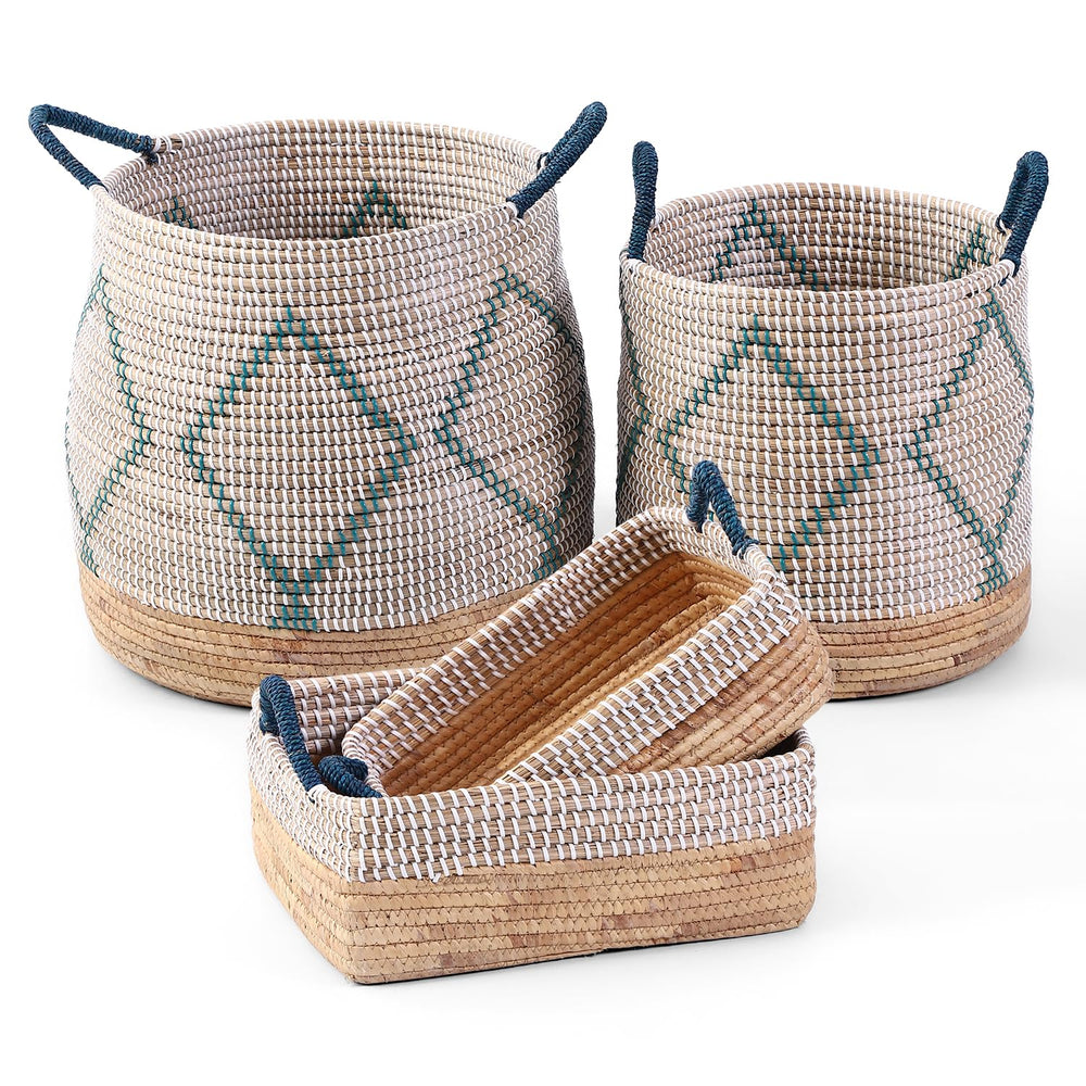 Seagrass Storage Basket Set of 4 – 2 Round & 2 Square Woven Bins with Handles