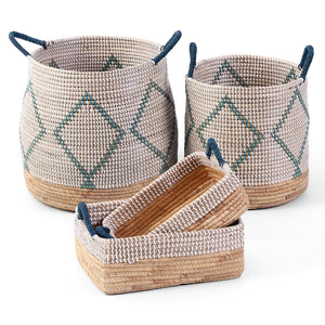 Seagrass Storage Basket Set of 4 – 2 Round & 2 Square Woven Bins with Handles