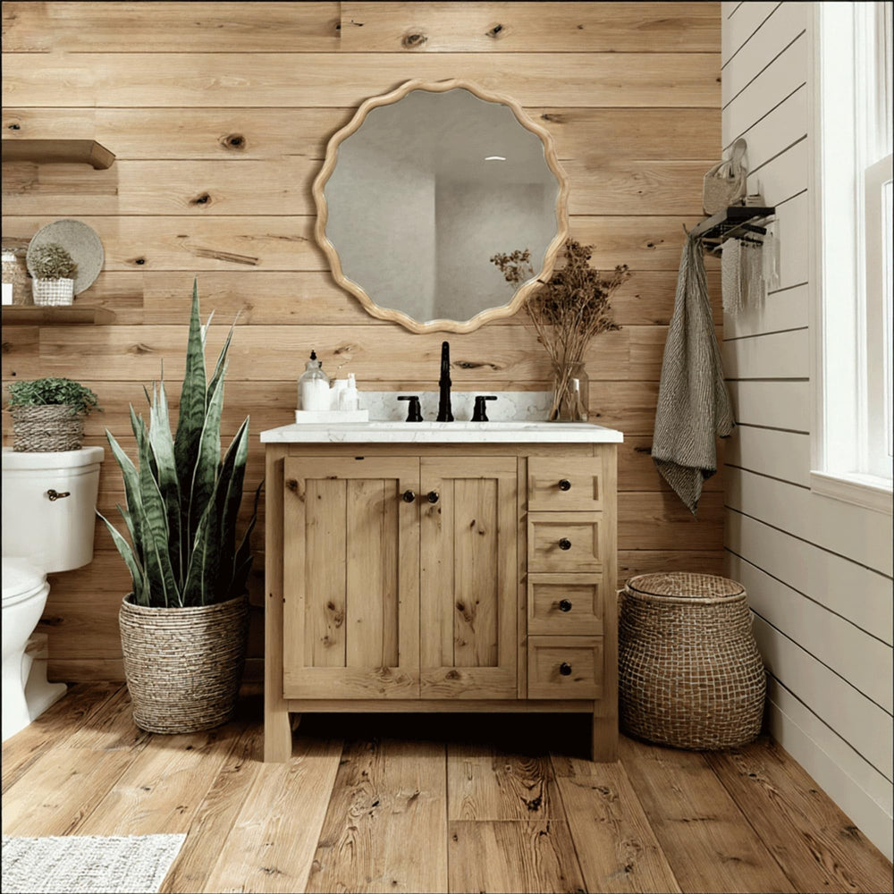Wavy Round Wood Wall Mirror with Scalloped Frame