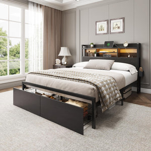 Full Size Bed Frame with Storage Drawers, LED Lights & Charging Station