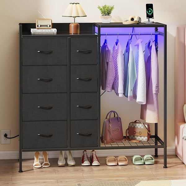 8-Drawer Dresser with Hanging Rack & LED Lights