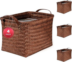 Woven Storage Baskets with Leather Handle