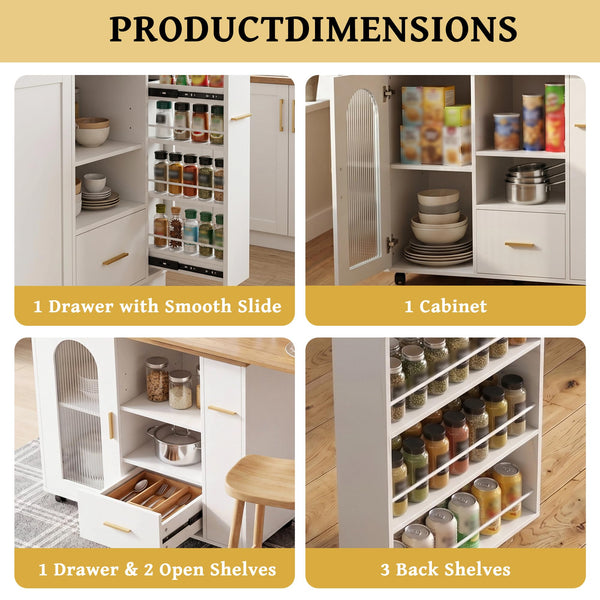 Swivel Kitchen Island with Storage, Drawers & Shelves