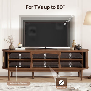 Mid-Century TV Stand with Power Outlets & Fluted Sliding Doors