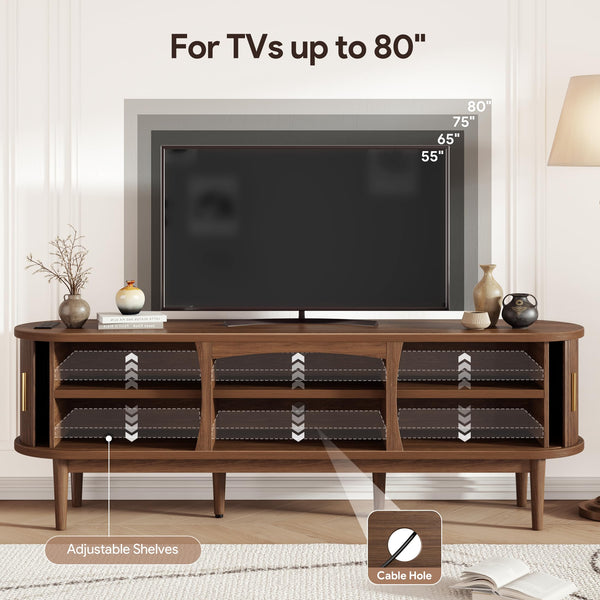 Mid-Century TV Stand with Power Outlets & Fluted Sliding Doors