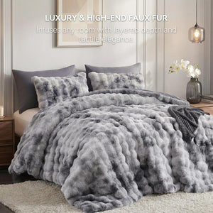 Faux Rabbit Fur Bubble Comforter Set with Pillowcases