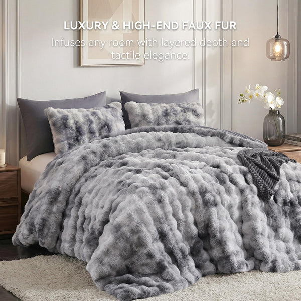 Faux Rabbit Fur Bubble Comforter Set with Pillowcases