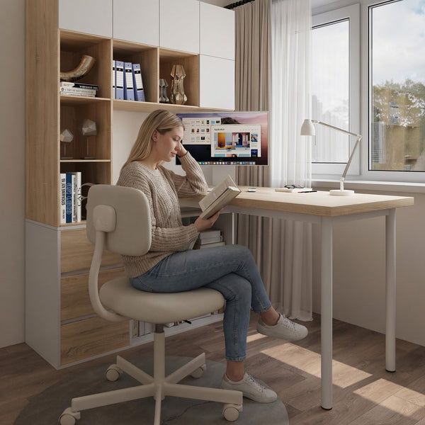 L-Shaped Corner Desk with Drawers and Open Shelves