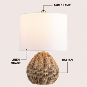 Brown Rattan LED Table Lamp with White Linen Drum Shade