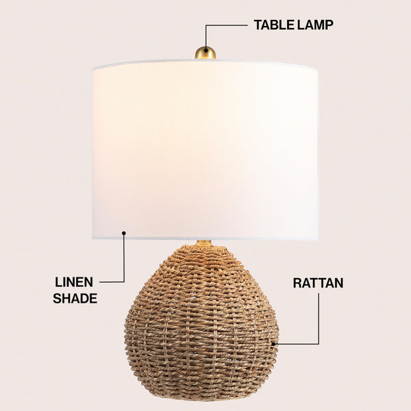 Brown Rattan & Iron LED Table Lamp with White Linen Drum Shade