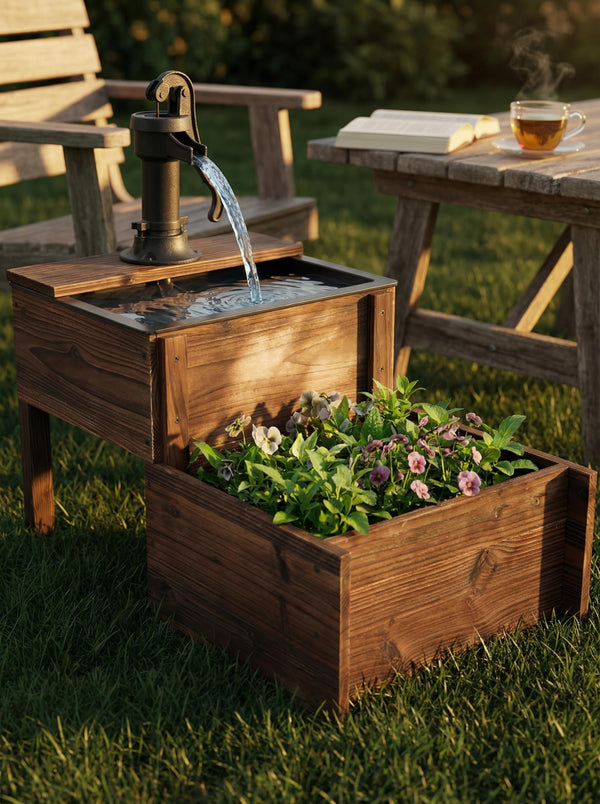 Outdoor Solar Wood Hand Pump Water Fountain with Flower Box