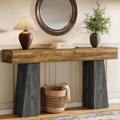 63-Inch Farmhouse Console Table with Double Trapezoid Base