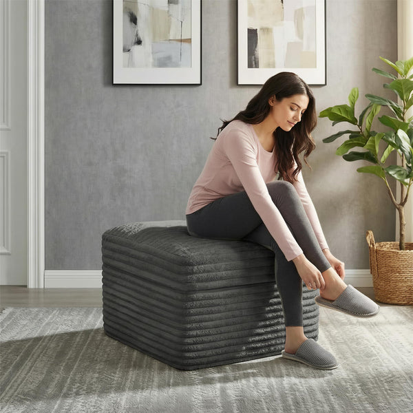 Corduroy Pouf Ottoman with Dual-Layer Support – 23.6" Round Floor Footstool