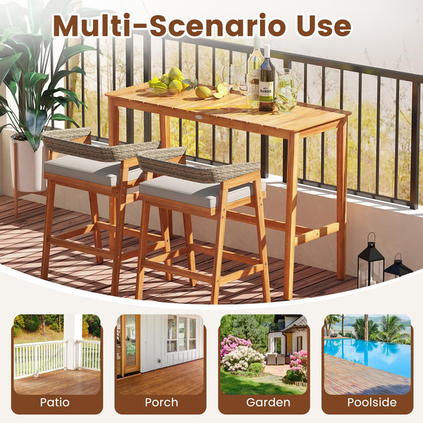 Acacia Wood Outdoor Bar Table with Slatted Top & Adjustable Feet