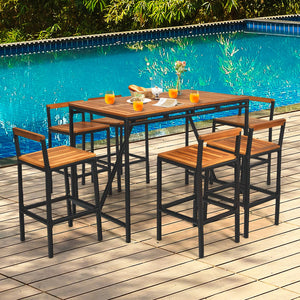 7-Piece Outdoor Acacia Wood Bar Set with 6 Bar Stools