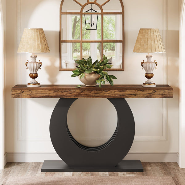 63-Inch Rustic Console Sofa Table with Black Circle Base