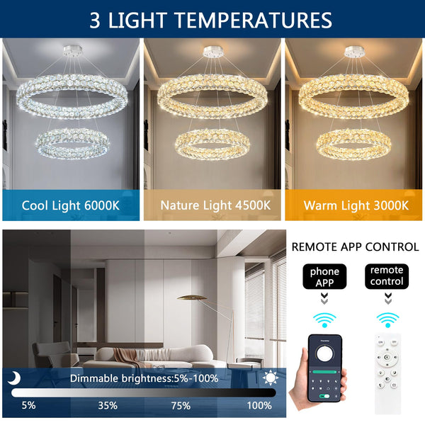 Dual Ring Crystal LED Chandelier – Dimmable Ceiling Light, Silver