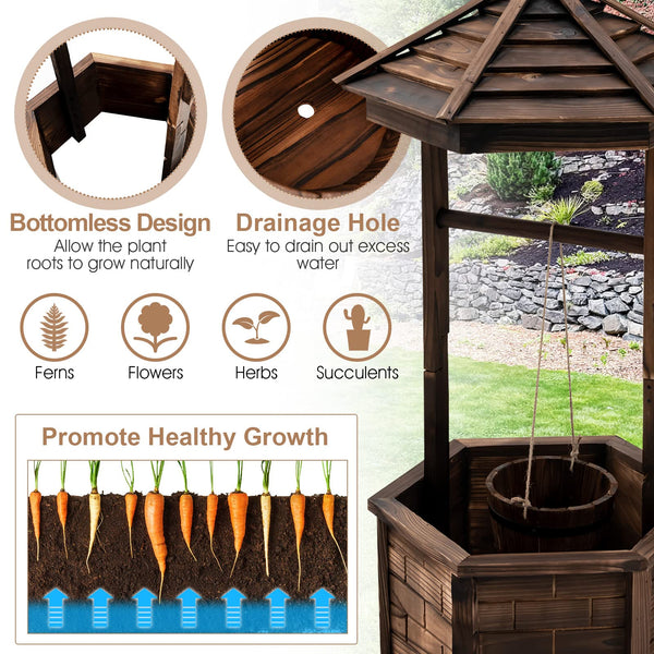 Wooden Wishing Well Planter with Hanging Bucket