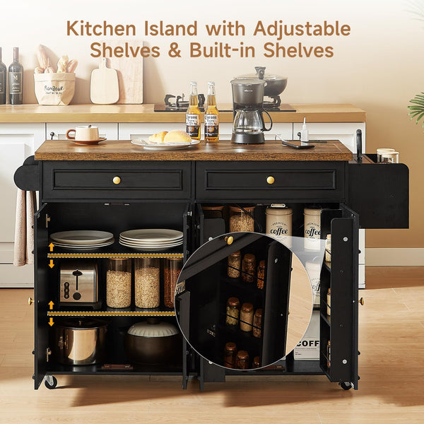 58" Mobile Kitchen Island Cart with Power Outlet, Storage Cabinets & Spice Rack