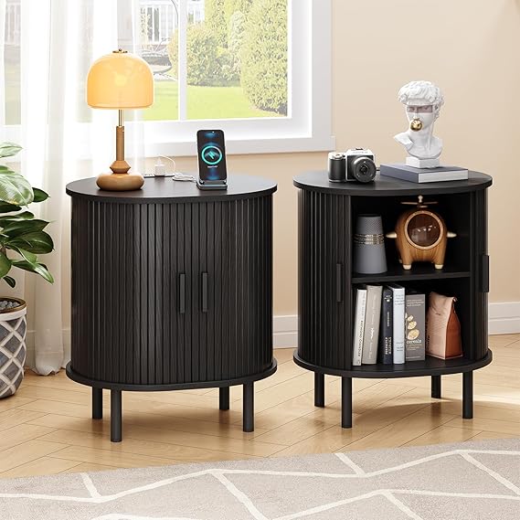 Fluted End Table with Storage & Charging Station
