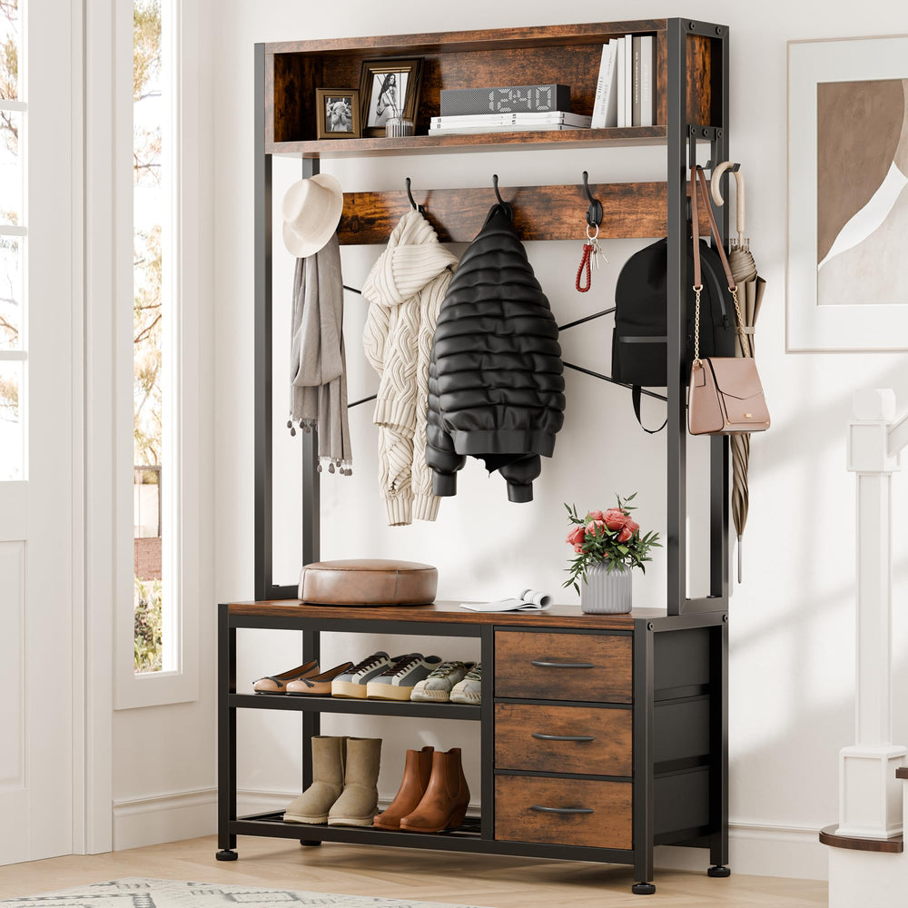 6-in-1 Hall Tree with Bench, 12 Hooks, 3 Drawers & Shoe Storage – 31.5"L x 11.8"W x 20.5"H
