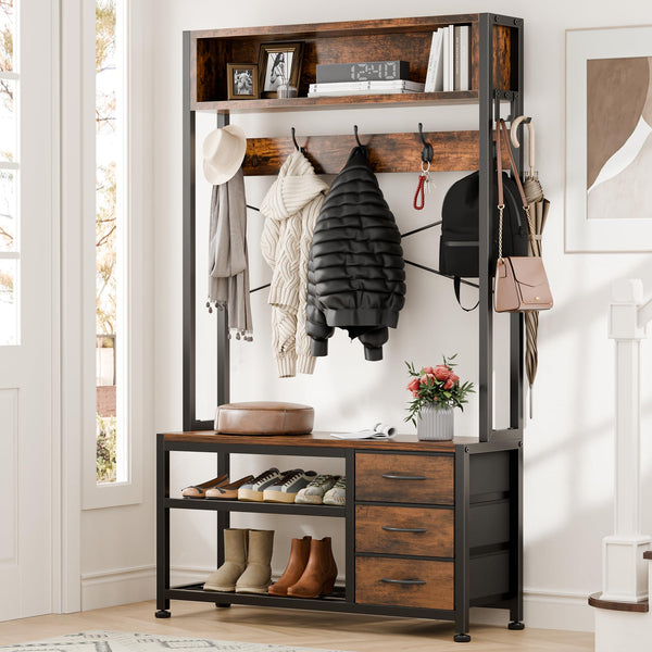 6-in-1 Hall Tree with Bench, 12 Hooks, 3 Drawers & Shoe Storage – 31.5"L x 11.8"W x 20.5"H