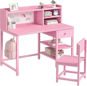 Kids Study Desk with Chair Set, Hutch & Storage