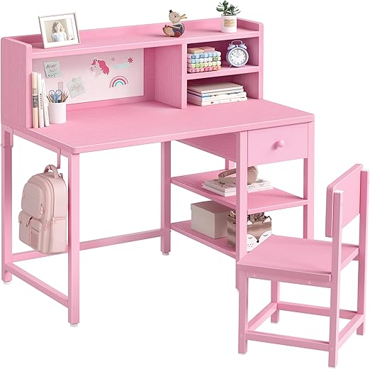 Kids Study Desk with Chair Set, Hutch & Storage