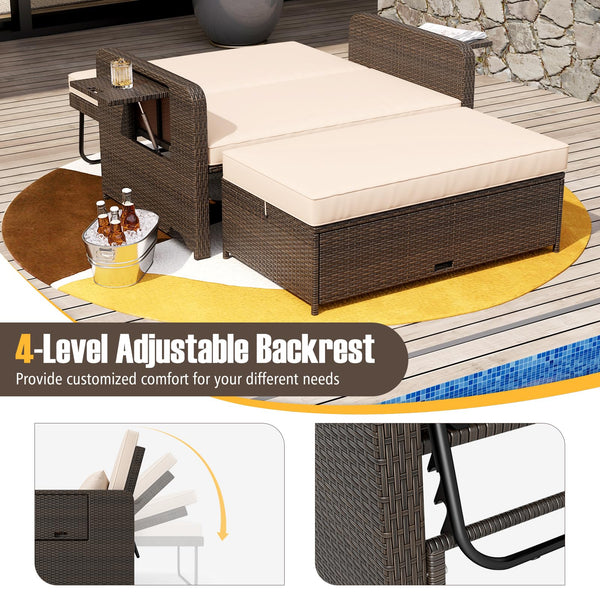 Outdoor Rattan Daybed with Storage Ottoman & Adjustable Backrest