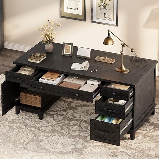 60-Inch Farmhouse Executive Desk with File Drawers & Charging Station