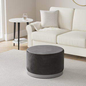 Round Grey Velvet Ottoman Pouf with Silver Trim