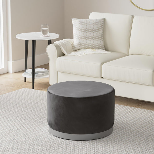 Round Grey Velvet Ottoman Pouf with Silver Trim