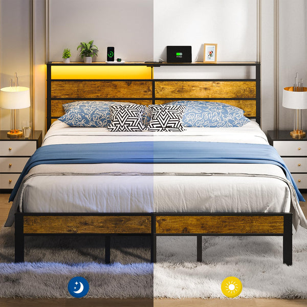 King Size Bed Frame with Charging Station & LED Lights