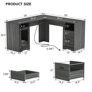 L-Shaped Desk with File Cabinet & Power Outlets – 60 Inch Corner Computer Desk