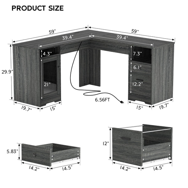 L-Shaped Desk with File Cabinet & Power Outlets – 60 Inch Corner Computer Desk
