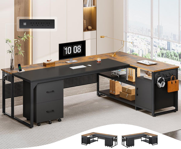 L-Shaped Executive Desk with File Cabinet & Power Outlets