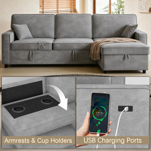 L-Shaped Sectional Sleeper Sofa with Storage & Cup Holders