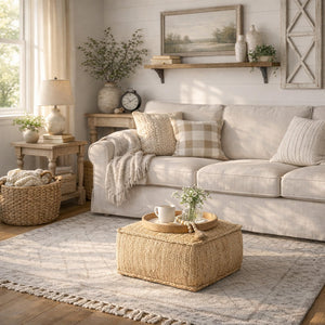Square Braided Jute Pouf Ottoman 22" x 22" x 14"