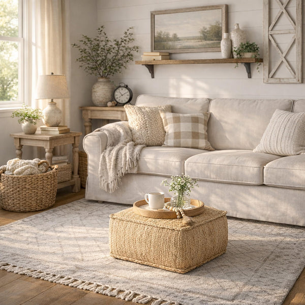 Square Braided Jute Pouf Ottoman 22" x 22" x 14"